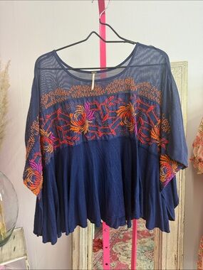 Free People Navy Embroidered Flutter Tunic with Orange & Pink Accents